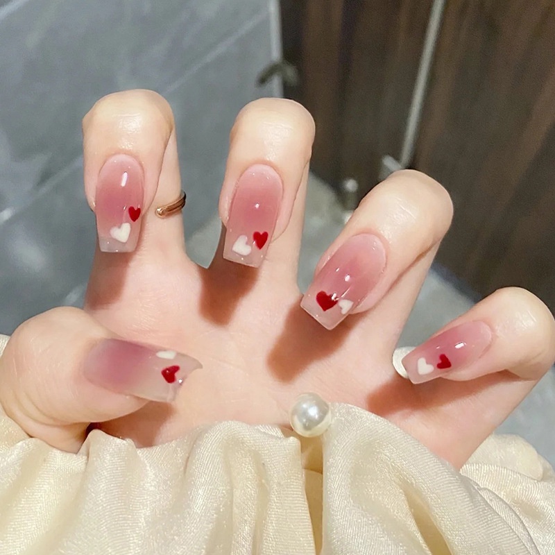 Móng tay giả hồng họa tiết tim Hàn Quốc (bộ 24 móng) 💖 SẴN KEO DÁN 💖