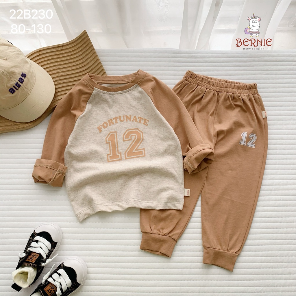 Bộ cotton dài tay unisex cho bé, bộ thun tay dài cotton mềm Bernie