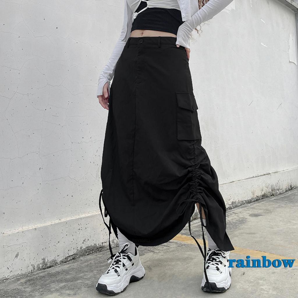 Chân Váy Midi Dài Thẳng Có Túi Màu Cầu Vồng 2K Phong Cách Harajuku Cổ Điển Đường Phố Cho Nữ