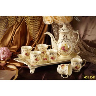 BỘ ẤM CHÉN HOA MẪU ĐƠN PHONG CÁCH HOÀNG GIA KÈM KHAY VIỀN VÀNG CAO CẤP