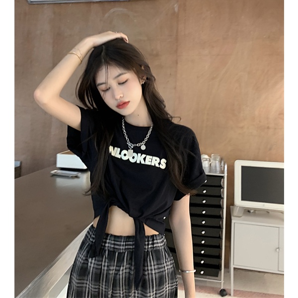 QKOOLE  Áo Thun crop top Nữ Cổ Tròn In Hình Phong Cách Hàn Quốc