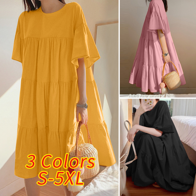 Đầm Tay Ngắn VONDA Màu Trơn Thiết Kế Dáng Rộng Phong Cách Hàn Quốc | BigBuy360 - bigbuy360.vn