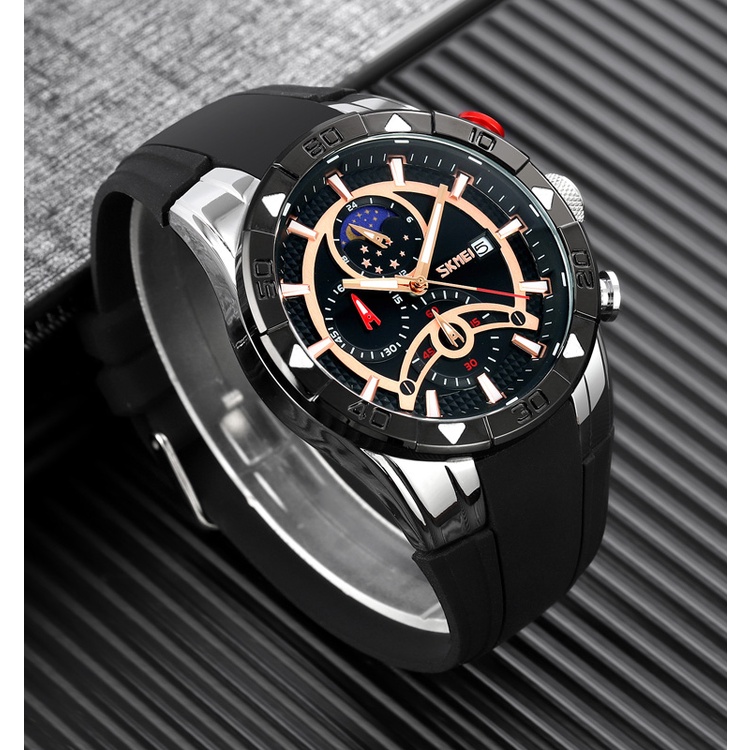 Đồng Hồ Quartz SKEMI 9270 Mặt Trăng Phase Chống Thấm Nước Dây Silicon Dài 50m Thời Trang Công Sở Cho Nam