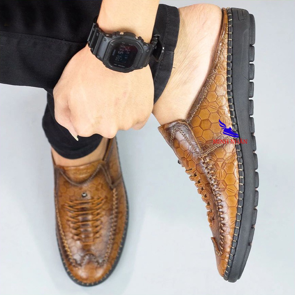 Giày Sục Nam Da Bò Dép SaBo Bít Mũi rọ nam mùa hè đục lỗ thoáng khí Minh Nhân R3 màu vàng