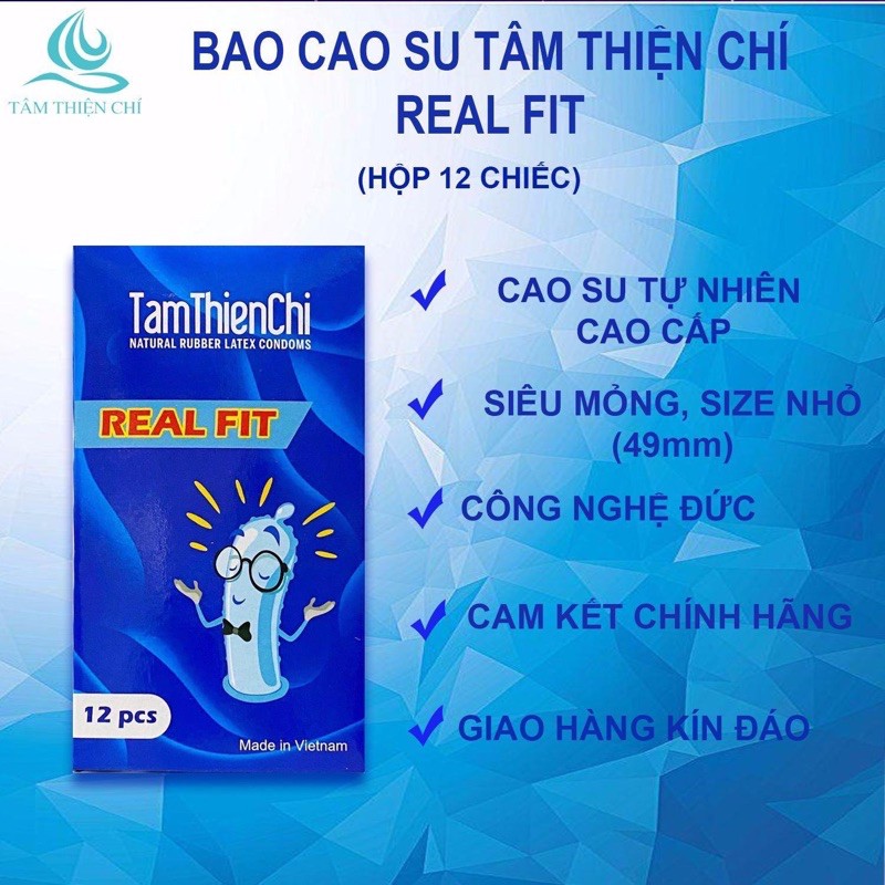 Bao cao su siêu mỏng Tâm Thiện Chí Real Fit nhiều gel bôi trơn hộp 12 bao