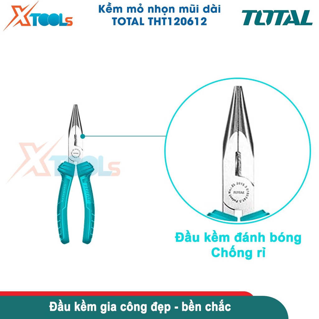 Kìm mũi nhọn mỏ dài TOTAL THT120612 6inch/160mm, đầu kềm đánh bóng chống rỉ, tay cầm nắm chắc chắn-CHÍNH HÃNG-XTOOLS