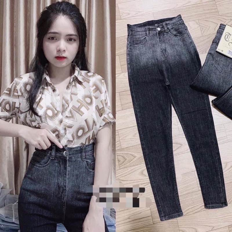 [Bigsize 32-36] Quần Jean Skinny Xám Loang Trơn Basic. Jean co giãn lưng cao trên rốn