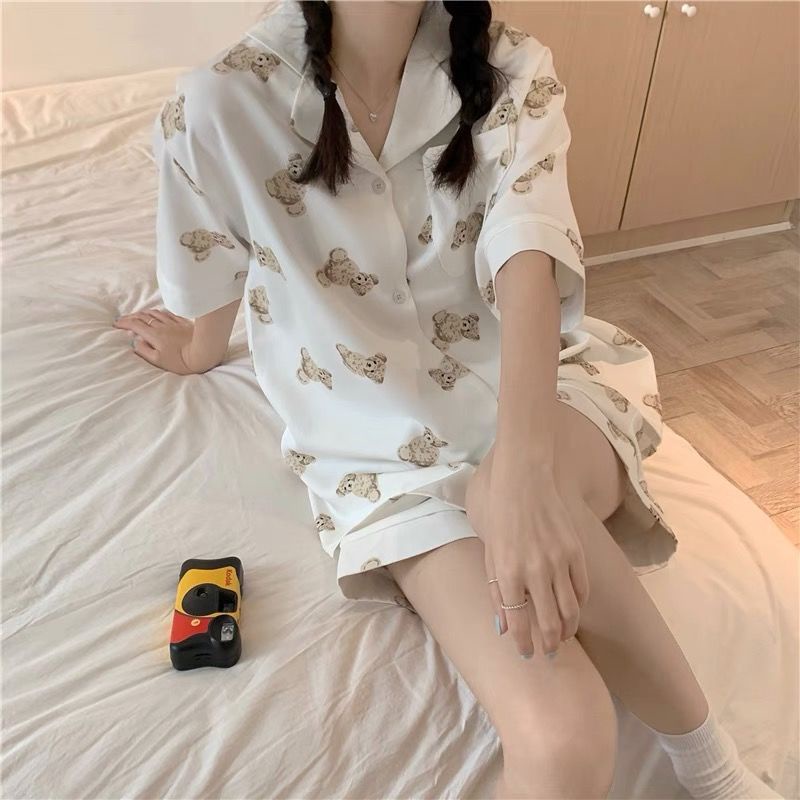 Bộ Đồ Ngủ Tay Ngắn Dáng Rộng In Hình Gấu Dễ Thương Phong Cách Nhật Bản Cho Nữ