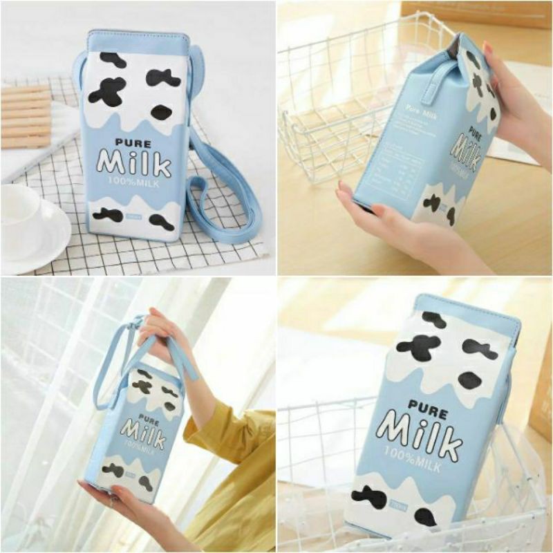 Túi đeo chéo nữ da PU hình hộp sữa bò béo cute ulzzang style màu xanh pastel