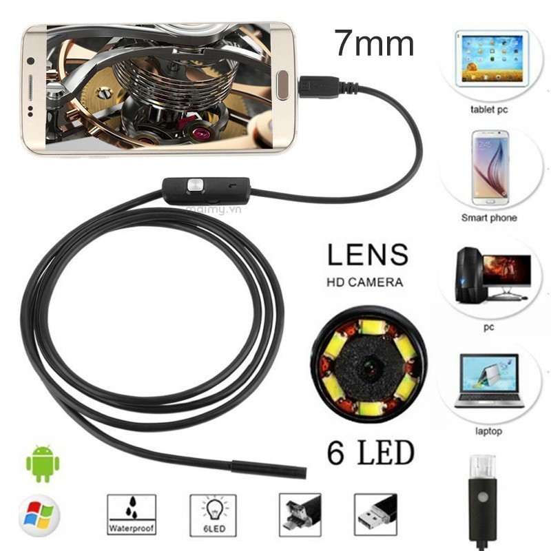 Camera nội soi 7mm 6 bóng LED chống nước kết nối với điện thoại Android , PC