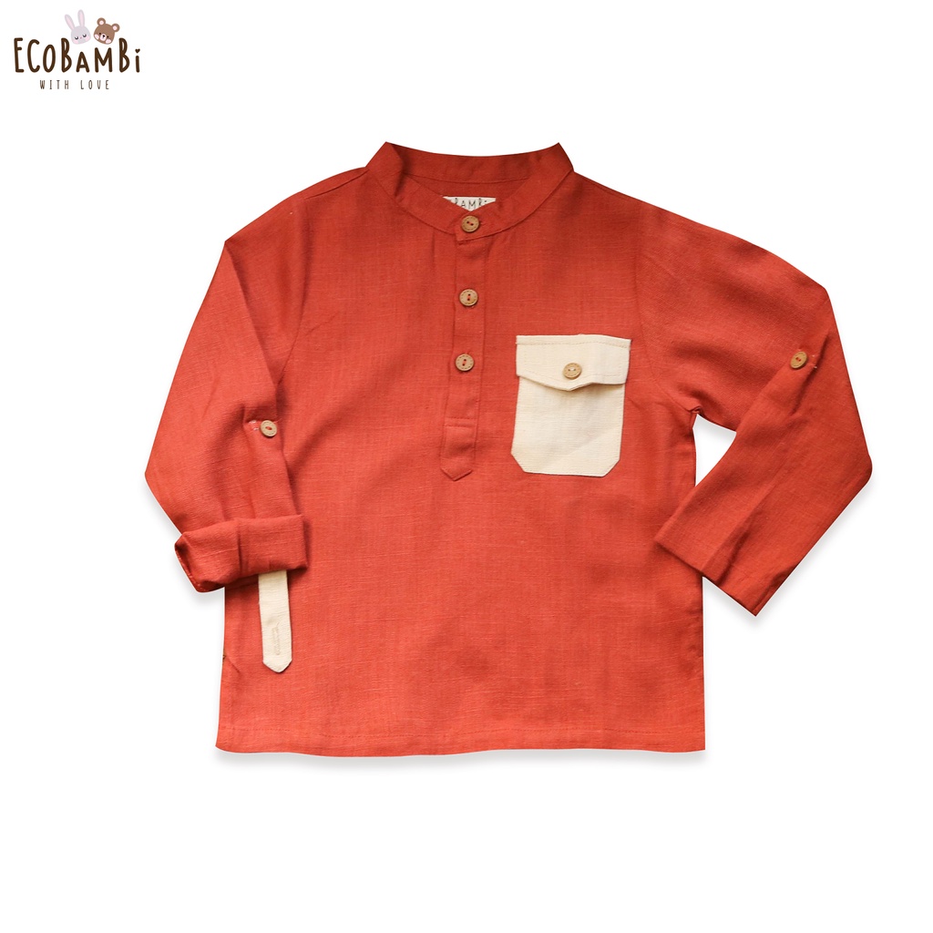 Áo sơ mi cổ trụ linen bé trai