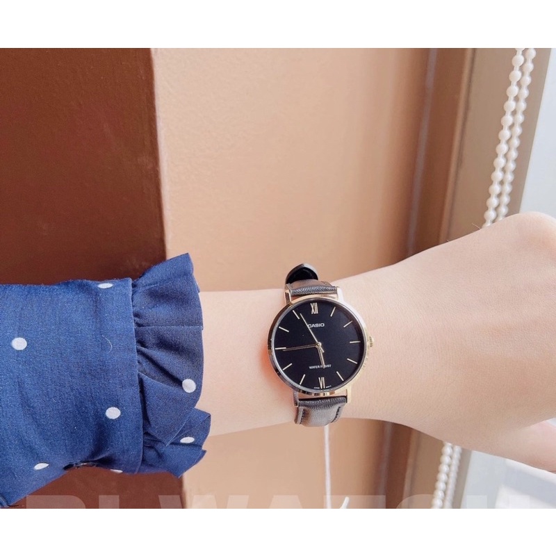 Đồng hồ Nữ Casio LTP-VT01L-1B, đồng hồ chính hãng, dây da đen mặt đen