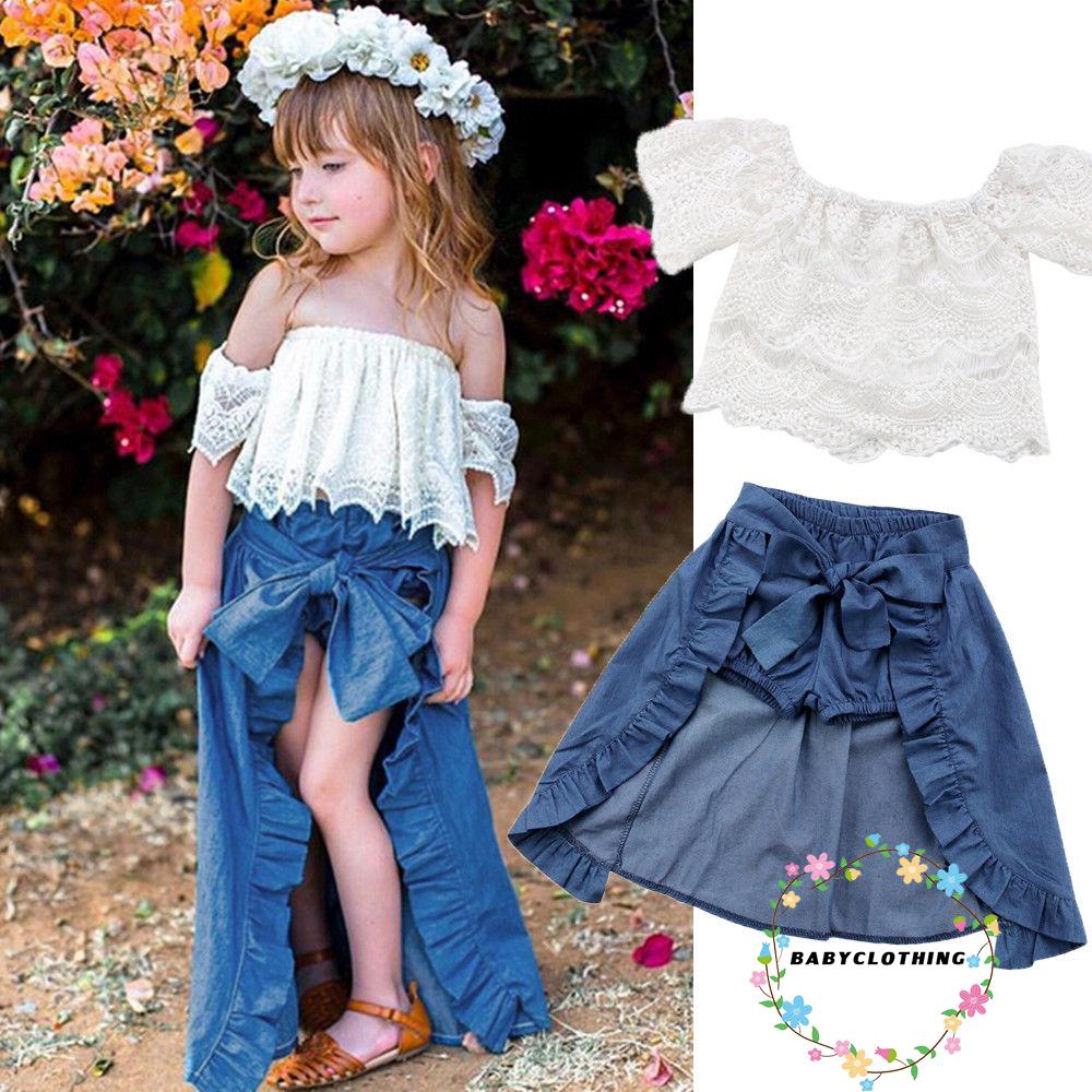 ღWSVღKids Girl Lace Tops+Denim Shorts Ruffles Bow Skirt Set