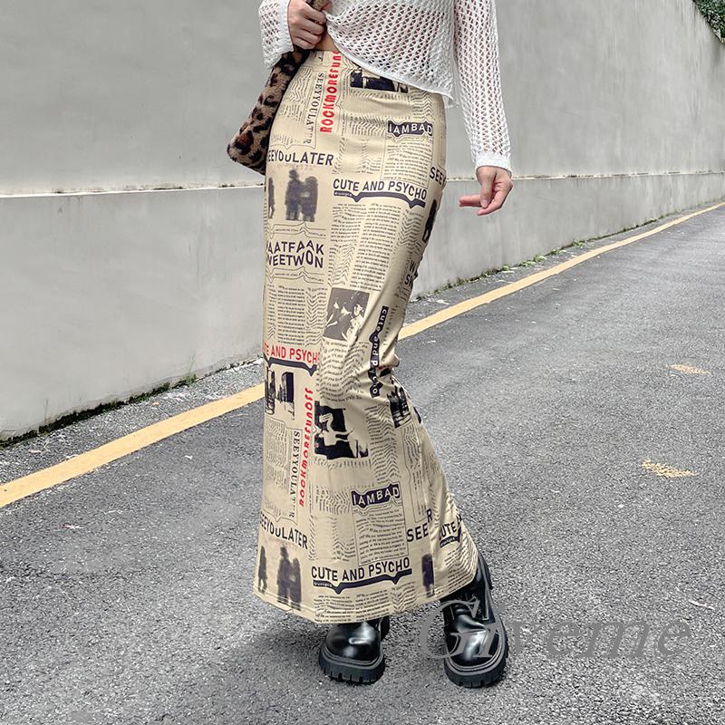 Chân Váy Dài Tới Mắt Cá Chân In Họa Tiết Tờ Báo Lưng Cao Co Giãn Thời Trang Đường Phố Cho Nữ