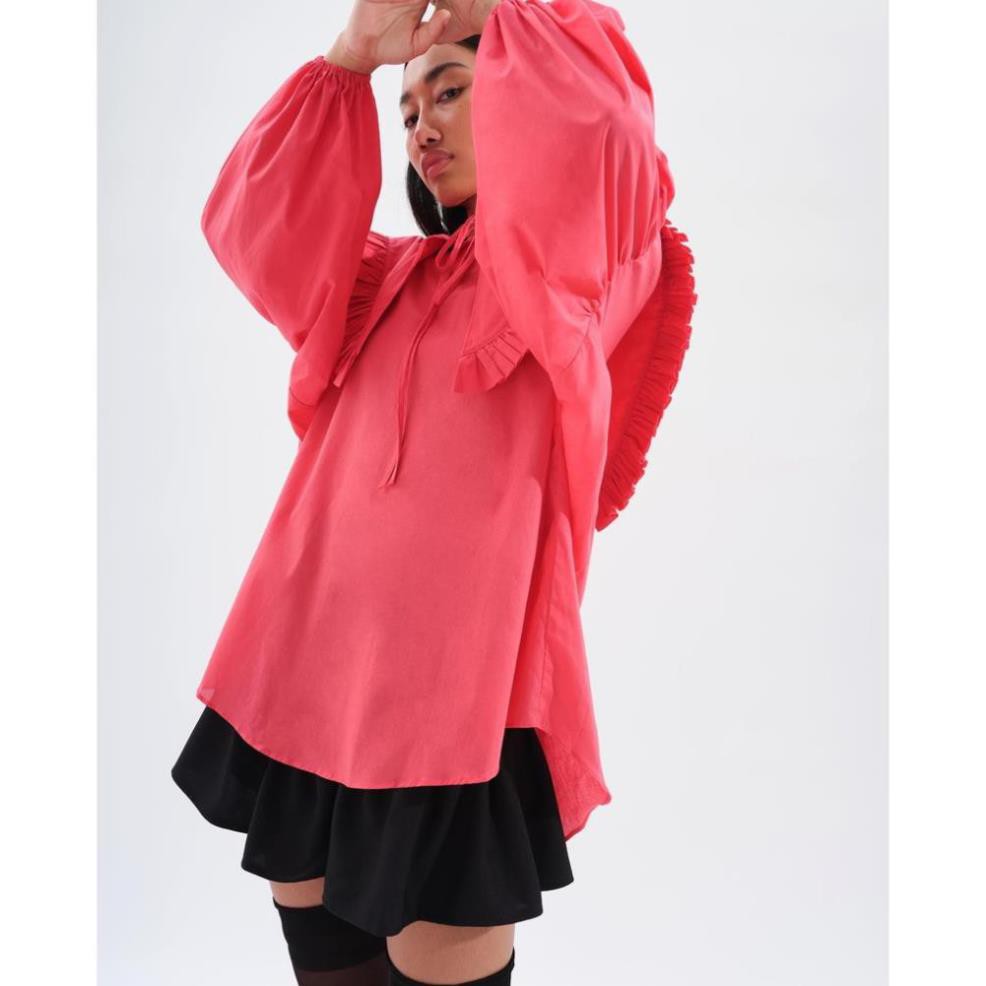 Pink Puff Sleeve Collar Blouse - Áo Hồng Tay Phồng Xếp Ly Cổ Nhún Bèo  ྇  ྇