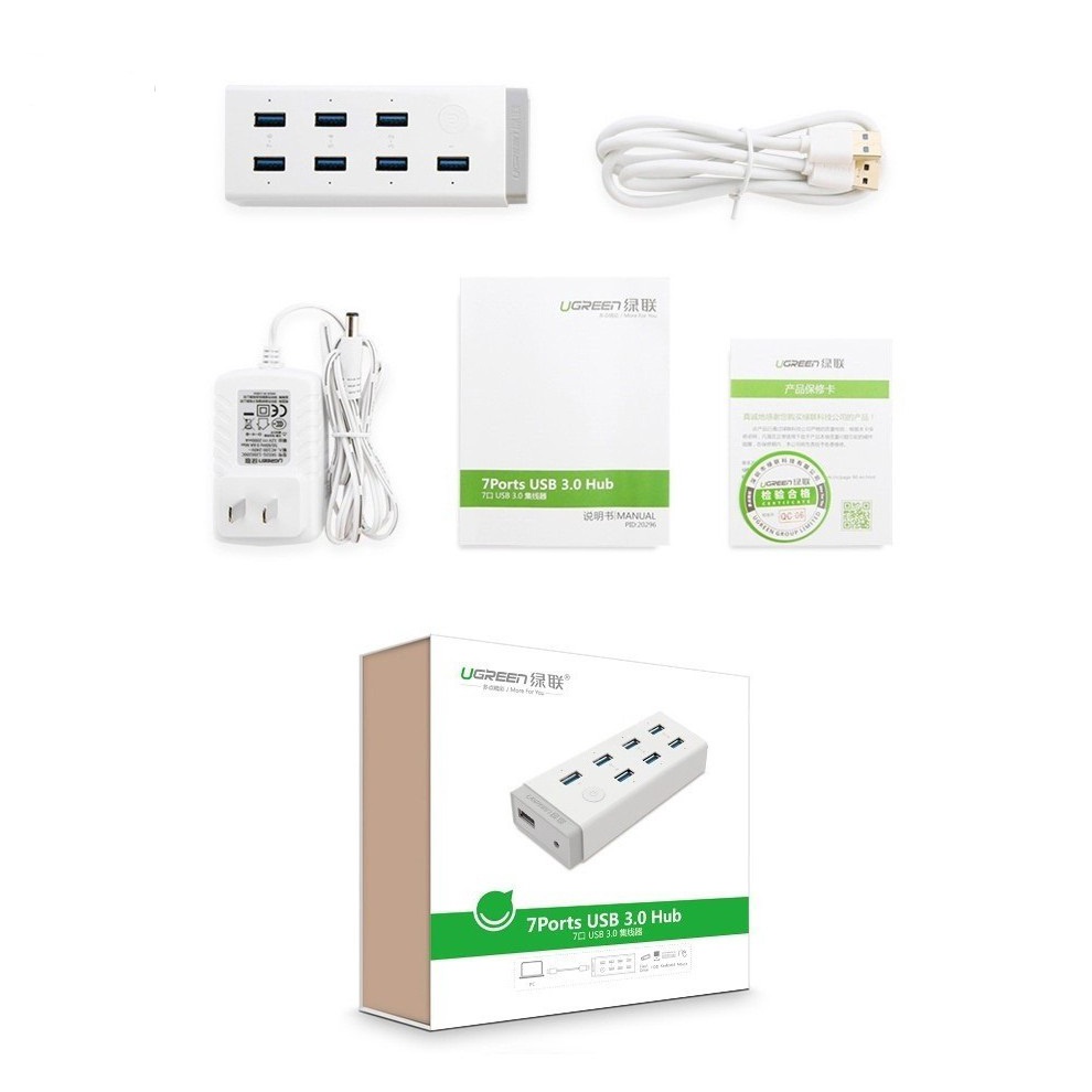 Bộ chia USB 7 Cổng USB 3.0 Ugreen 20296 (Có công Tắc và Nguồn 12V 2A) - Hàng Chính Hãng