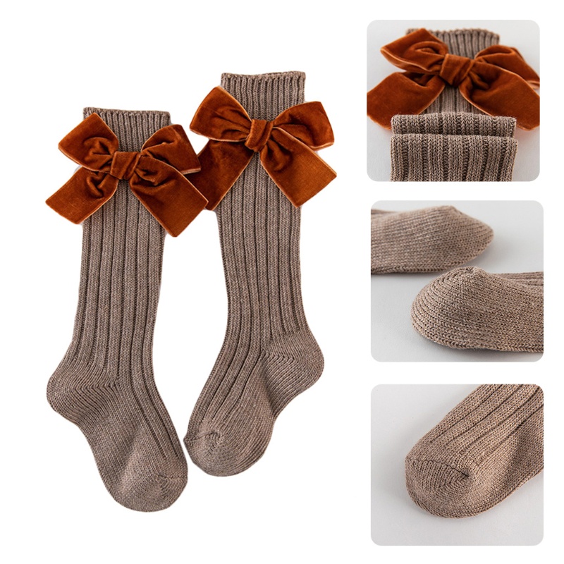 Vớ Cotton Nhung Dệt Kim Cao Tới Gối Màu Trơn Đính Nơ Dễ Thương Cho Bé Gái Sơ Sinh