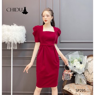 CHIDU váy công sở cổ vuông đai eo tay bồng - SP295