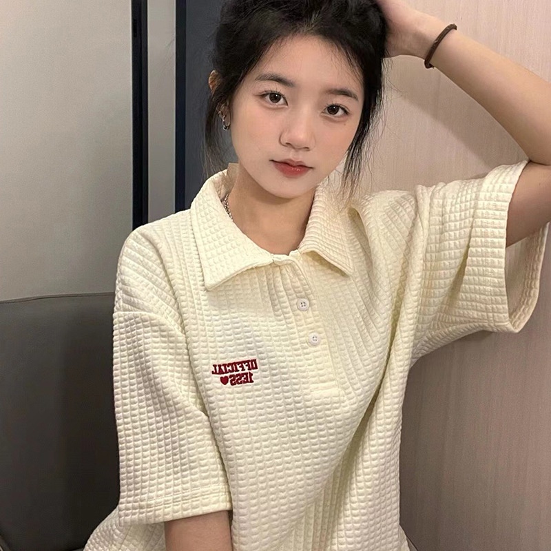 Áo thun xốp polo Official 1ESS - áo thun nữ polo chất thun xốp màu trắng họa tiết thêu chữ SIÊU HOT