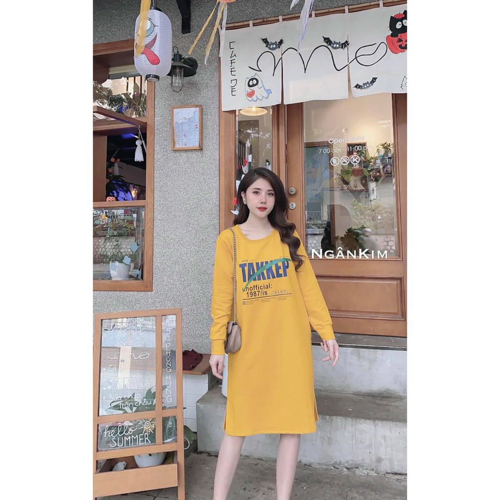 Váy suông nữ,đầm suông nữ dài tay in chữ TAKKEP xẻ tà chất đẹp | BigBuy360 - bigbuy360.vn