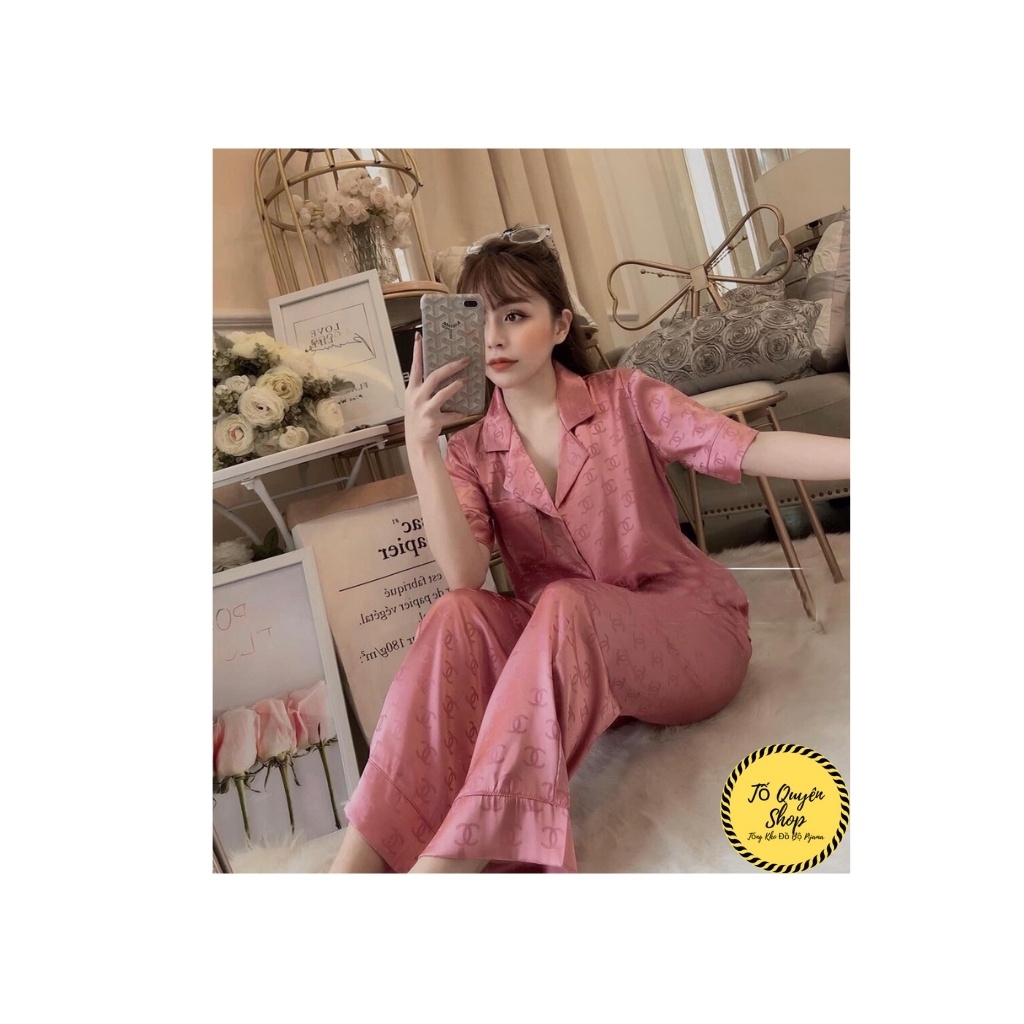 Bộ Ngủ Lụa Satin Đồ Bộ Pijama Lụa Cộc Tay Quần Dài Cha.nel Thêu BN10.2 NoBrandSilk