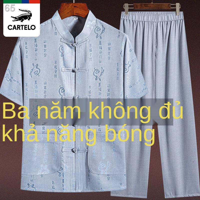 Bộ đồ thường ngày của nam Tang suit cotton và linen ngắn tay ông nội trang phục dân tộc mùa hè bố cao tuổi Hanfu