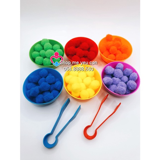 Set 6 bát + 2 kẹp phân loại màu sắc tập gắp pompom