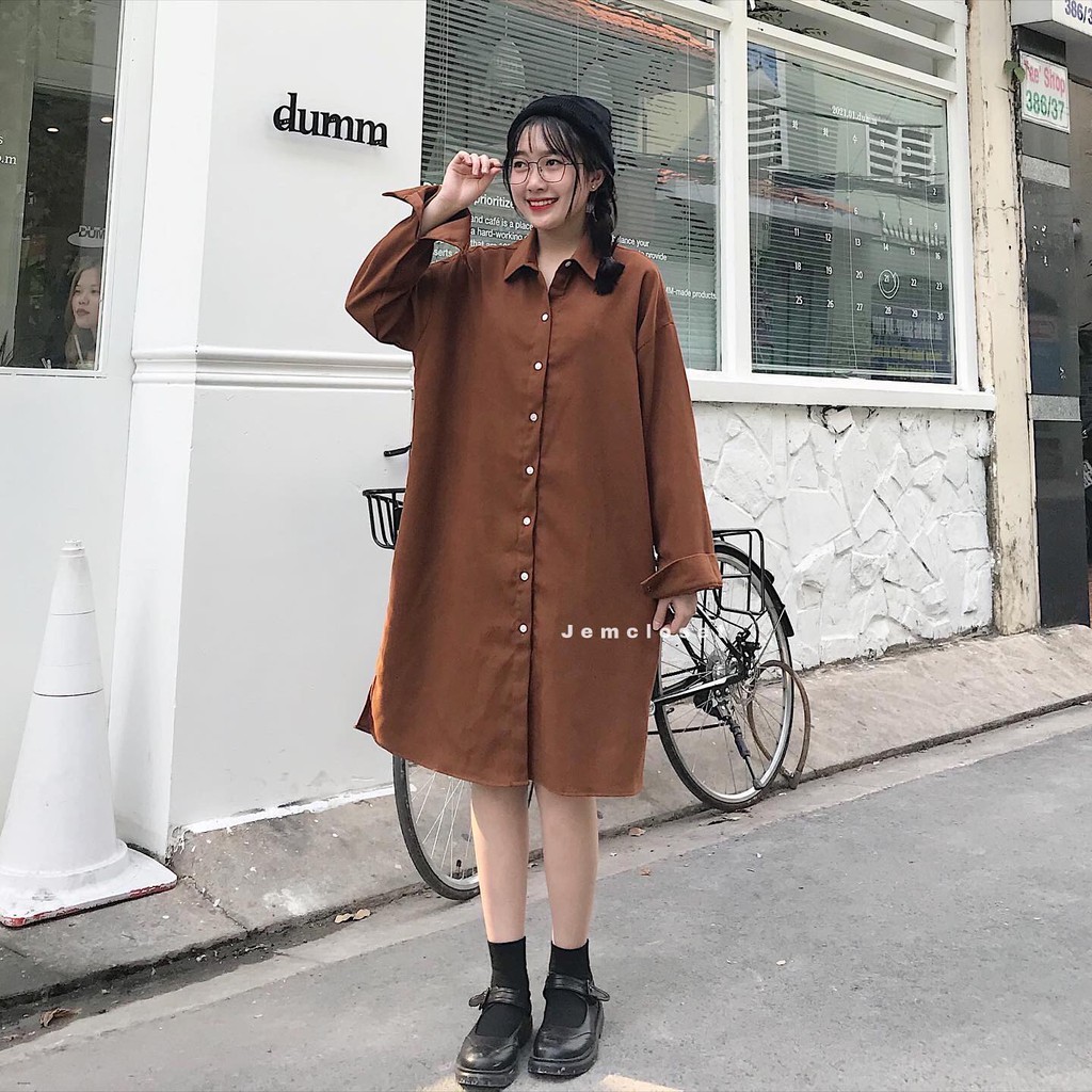 Váy Sơ Mi Suông Dáng Dài JEMCLOSET Dil Chất Liệu Nhung Gân Mịn Mát 2 Màu Nâu & Đen - 3311 Phong Cách  Hàn Quốc | BigBuy360 - bigbuy360.vn