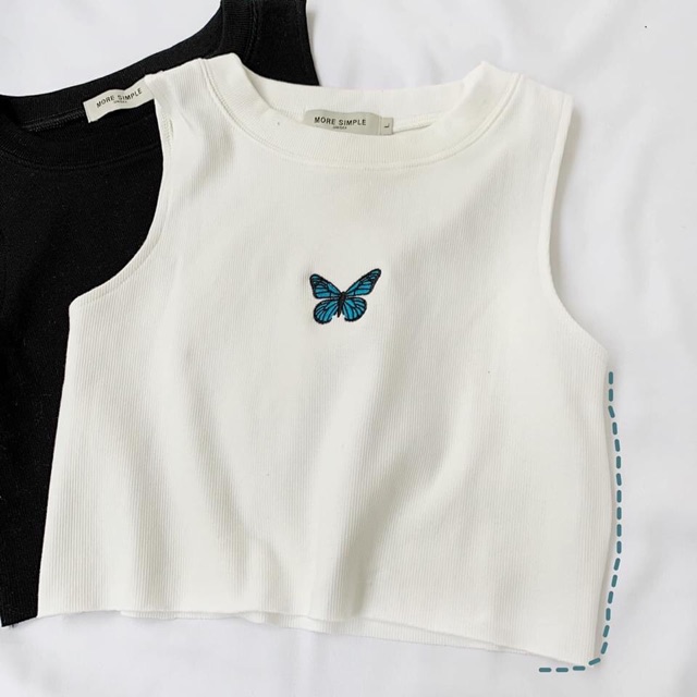 Áo Croptop thêu bướm Boin store, áo croptop nữ bo zip cao cấp 3 màu trắng/đen/hồng _ hình thật