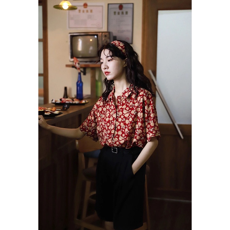 Floral women's retro Hong Kong style  summer New rose antique Hong Kong style printed short-sleeved shirt top
