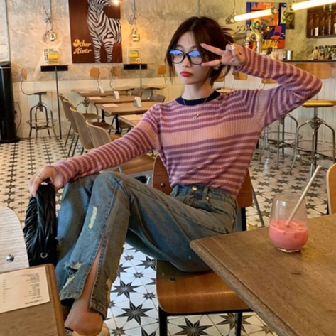 Áo len ZHELIHANGFEI thiết kế tay dài cổ tròn họa tiết kẻ sọc ngang thời trang dễ phối đồ cho nữ
