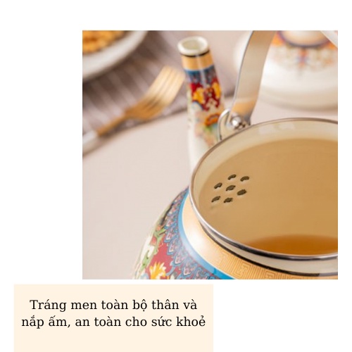 Ấm Trà Tráng Men hoa, Ấm Pha Trà Dùng Trên Bếp Từ, Ấm Đun Nước Liin Decor