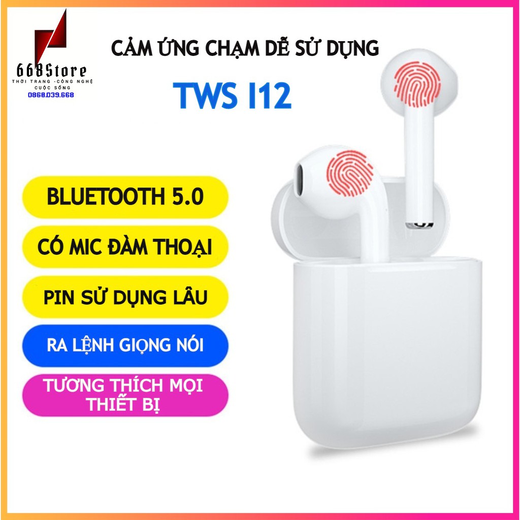 Tai Nghe Bluetooth 5.0, Tai nghe không dây TWS i12 giá rẻ chất lượng cao