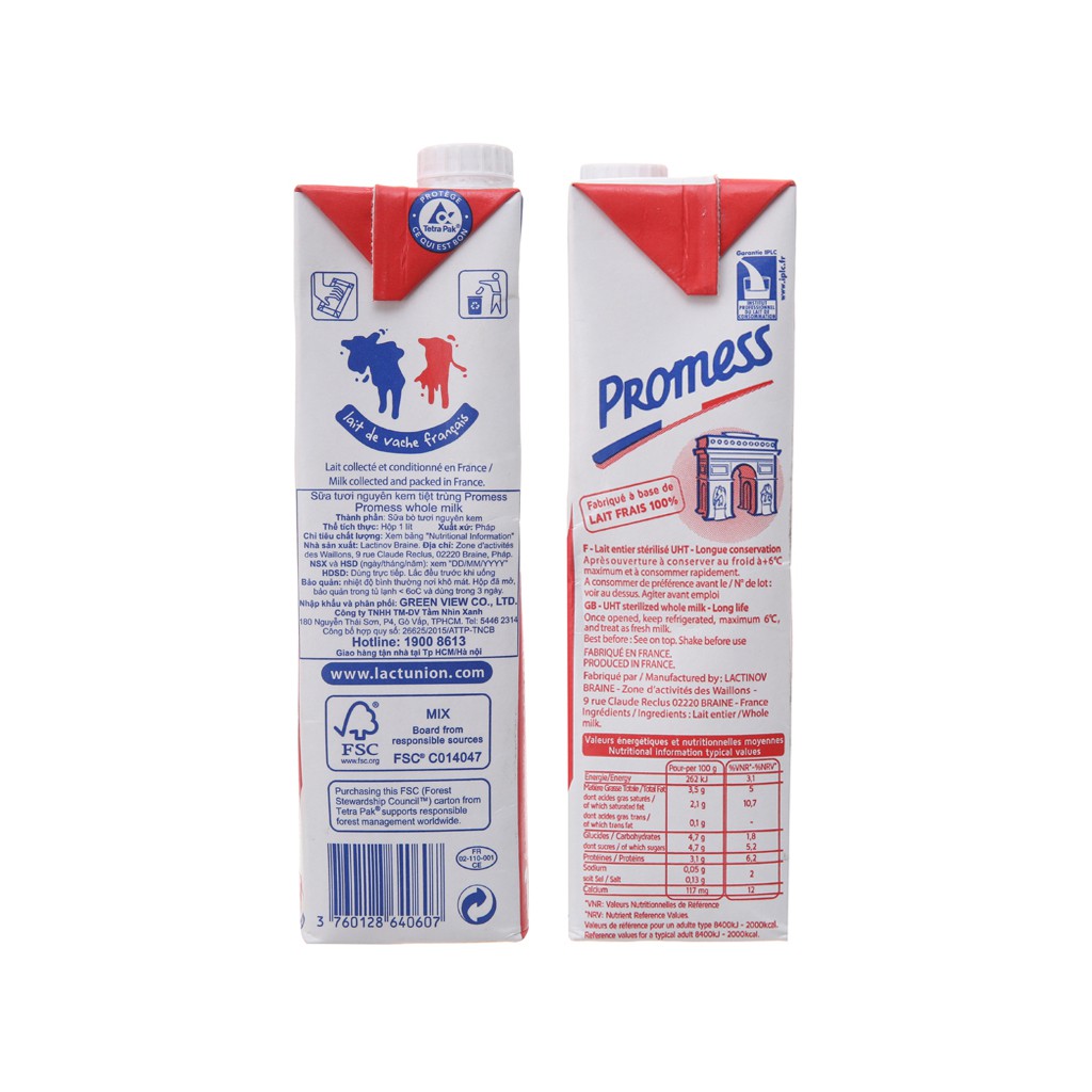 Sữa tươi tiệt trùng nguyên kem Promess Hộp 1L - Hàng siêu thị