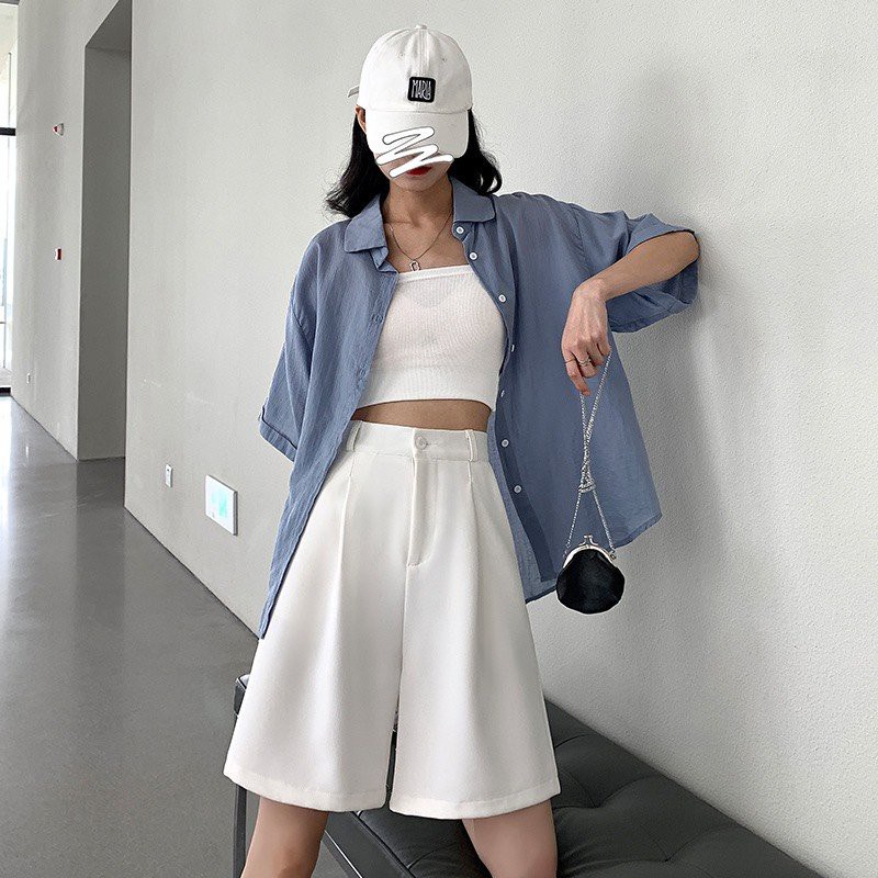 Quần sooc lửng ống rộng cạp cao dáng ngố lỡ mặc ở nhà tập thể thao gym _Quần đùi Unisex short nữ ống suông rộng màu đen