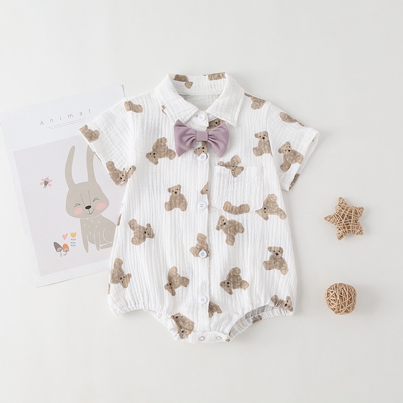 Summer Baby Clothes for Boys Bow Tie Short Sleeve Romper Bear Pattern Newborn Jumpsuit Bodysuit 0-24 Months
