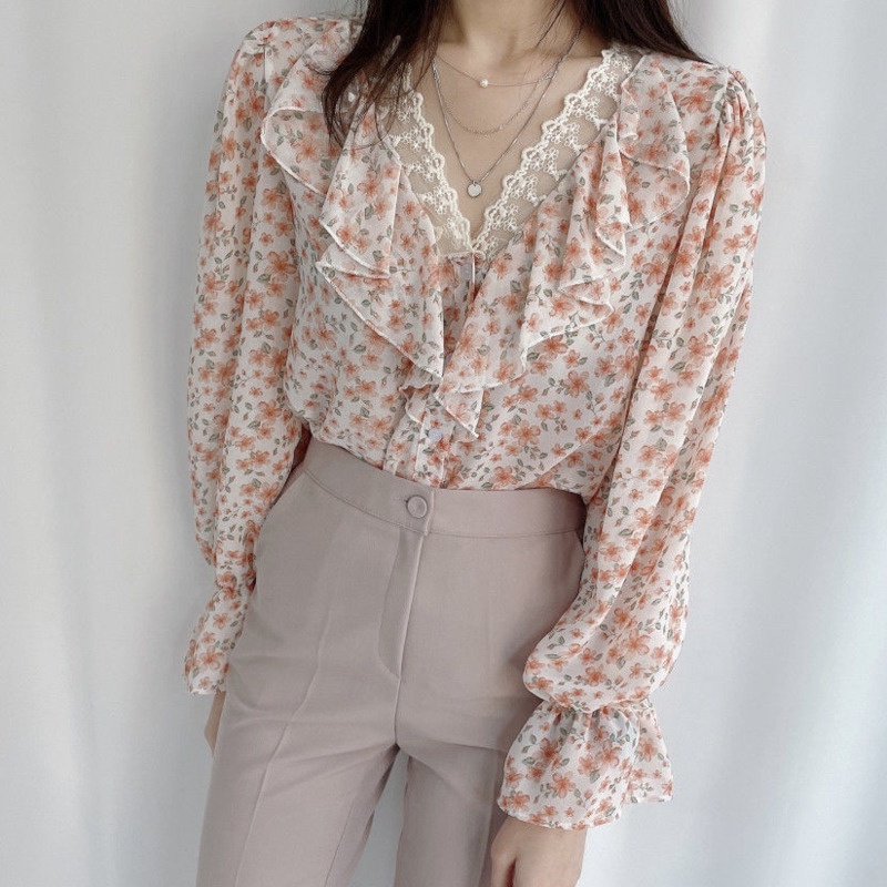 Áo Sơ Mi Chiffon Cổ V Tay Dài Phối Ren Phong Cách Phương Tây Cho Nữ