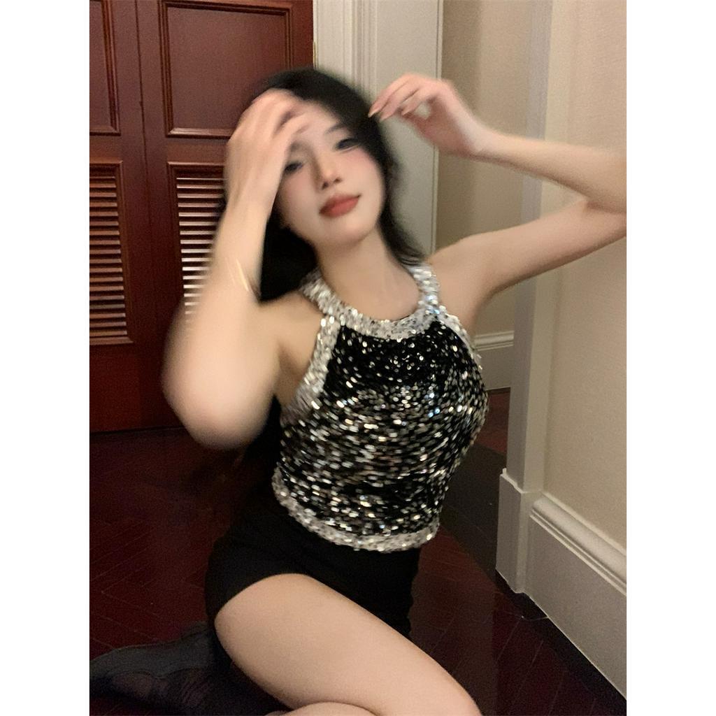 QADCOL Áo Hai Dây Đính Kim Sa Màu Đen Chất Lượng Cao Thời Trang Mùa Hè Cho Nữ