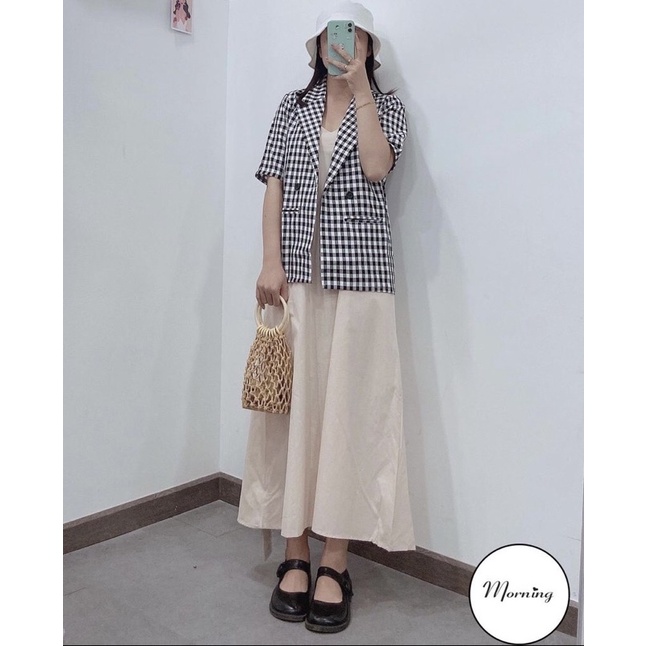 Áo BLAZER nữ TAY NGẮN túi nắp, áo vest khoác ngoài họa tiết caro, áo vest 1 lớp style Hàn Quốc | BigBuy360 - bigbuy360.vn