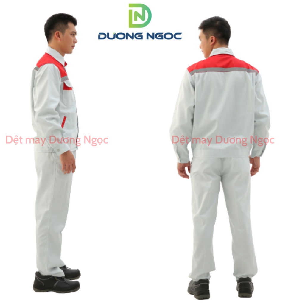 Quần Áo Bảo Hộ Lao Động Đồ Công Nhân, Đồng Phục BHLĐ Nam Màu Ghi Ánh Xanh Phối Đỏ Vải Kaki Nhuộm Hoạt Tính Đủ Size DN12