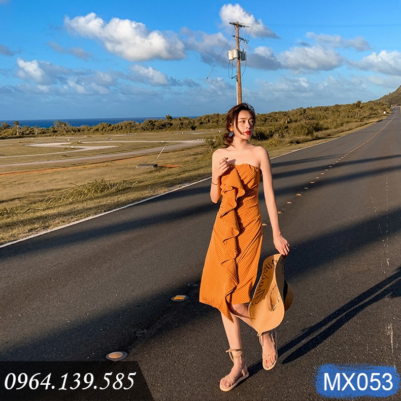 Váy maxi 2 dây chấm bi vàng, bèo nhún cách điệu trước, đầm voan đi biển cá tính | MX053
