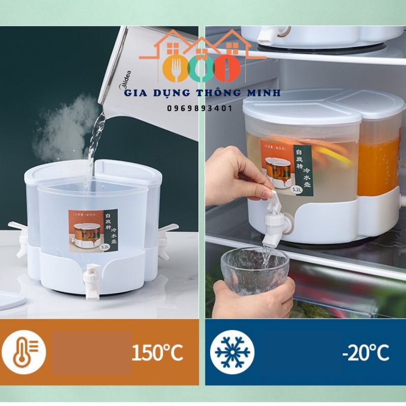 Bình nước 3 ngăn đế xoay 360 độ, có nắp đậy tiện lợi, dung tích 5.2L