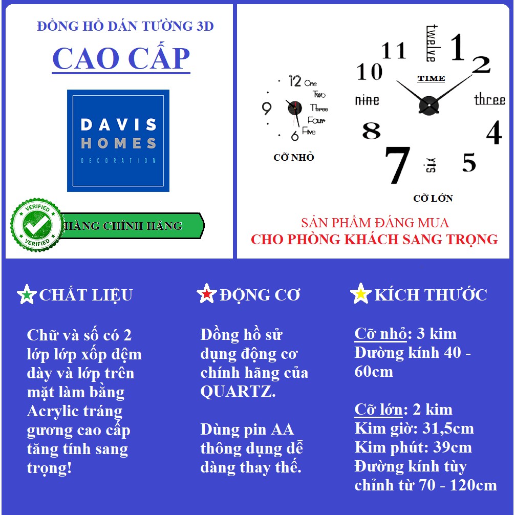 [ CHÍNH HÃNG ] ĐỒNG HỒ DÁN TƯỜNG 3D TRANG TRÍ LOẠI LỚN TREO PHÒNG KHÁCH ĐẸP