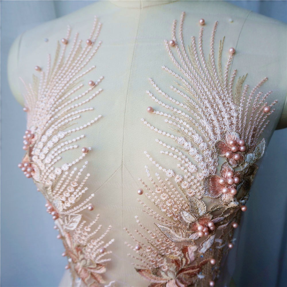 Mai Màu Hồng Thêu Ren Đính May Hạt Vải Hoa Cổ Miếng Dán Váy Cưới DIY