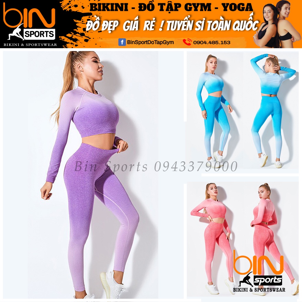 Đồ tập gym yoga nữ set bộ dệt kim ombre áo crop dài tay quần dài cao cấp hàng nhập Bin Sports BD124