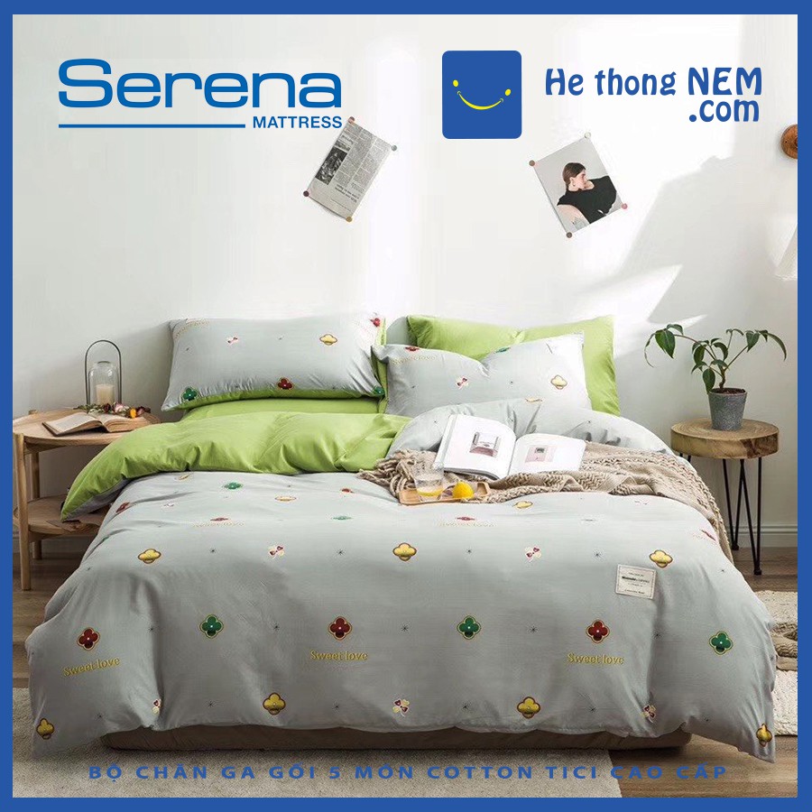 Bộ Chăn Ga Gối 5 Món Cotton Tici SERENA Set Ga Trải Giường Drap Phủ Giường Đẹp Cao Cấp - Hệ Thống Nệm