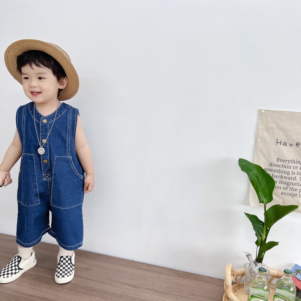 Áo Liền Quần Không Tay Chất Liệu Denim Mềm Mại Thời Trang Mùa Hè 2022 Cho Bé 1-5 Tuổi