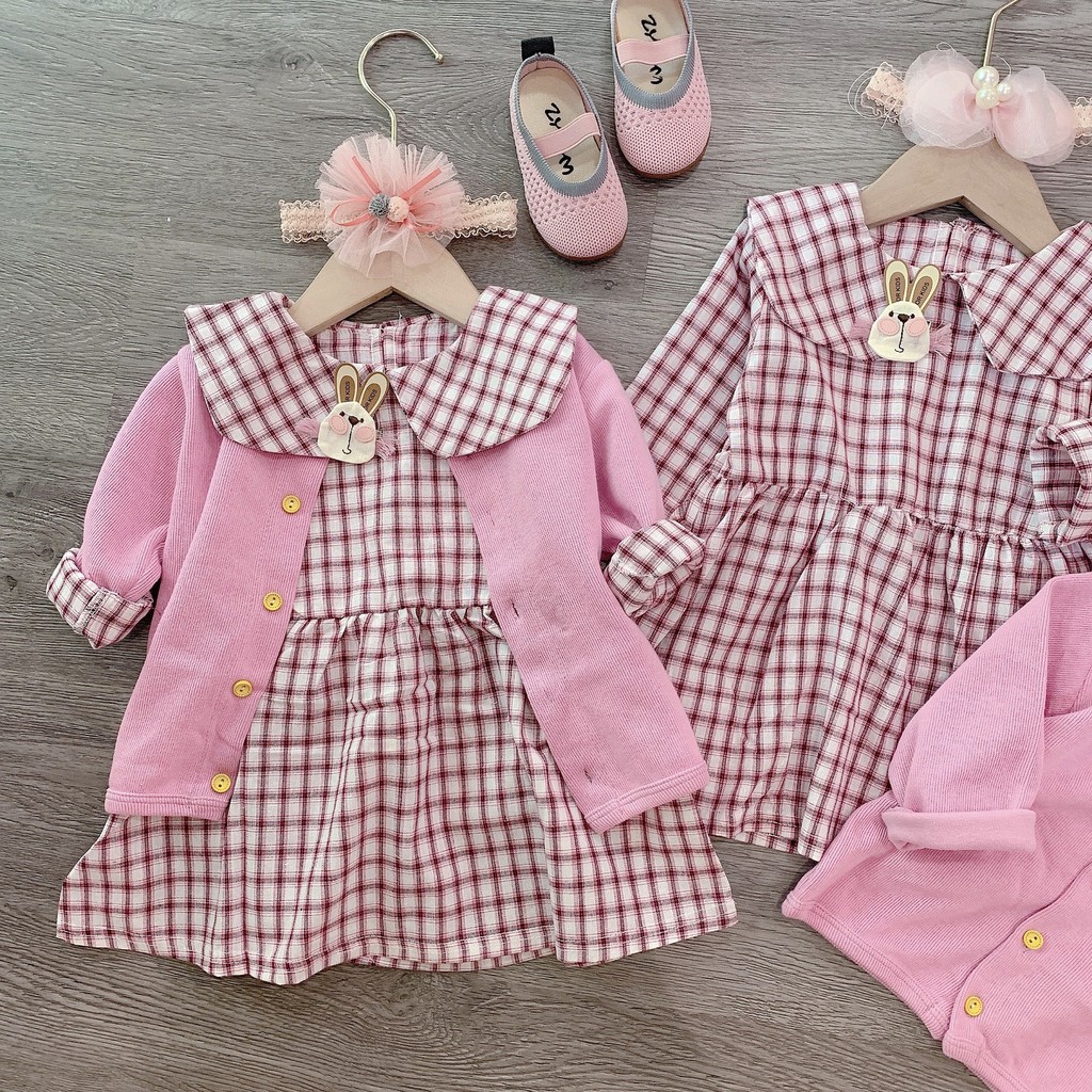 set váy caro + áo cardigan màu hồng tím siêu xinh