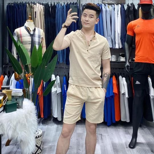 Bộ đũi nam cổ tàu ngắn tay l bộ quần áo nam cộc tay nam chất đũi đẹp -Hanhstyle