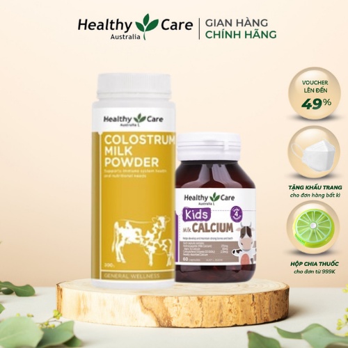 Combo tăng cưỡng miễn dịch, chiều cao, thể lực cho bé - Viên sữa Canxi Healthy Care và Sữa bò non Healthy Care Colostrum